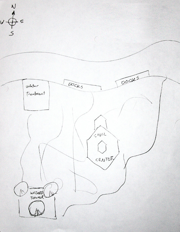 Map of Thaumatown. Wizard's Tower in southwest corner. Water treatment plant in northwest corner. Mighty River flows west to east o nthe north edge of town. Civic Center in the center of town.