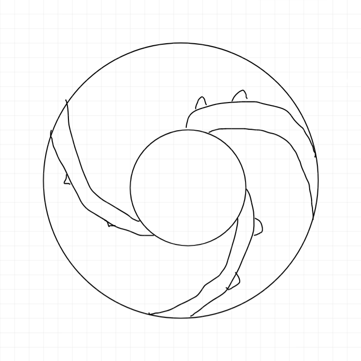 top view of the Oolite mine. A shallow funnel with three spiraling paths leading to a flat bottom. Entrances to mine tunnels along each of the three paths.