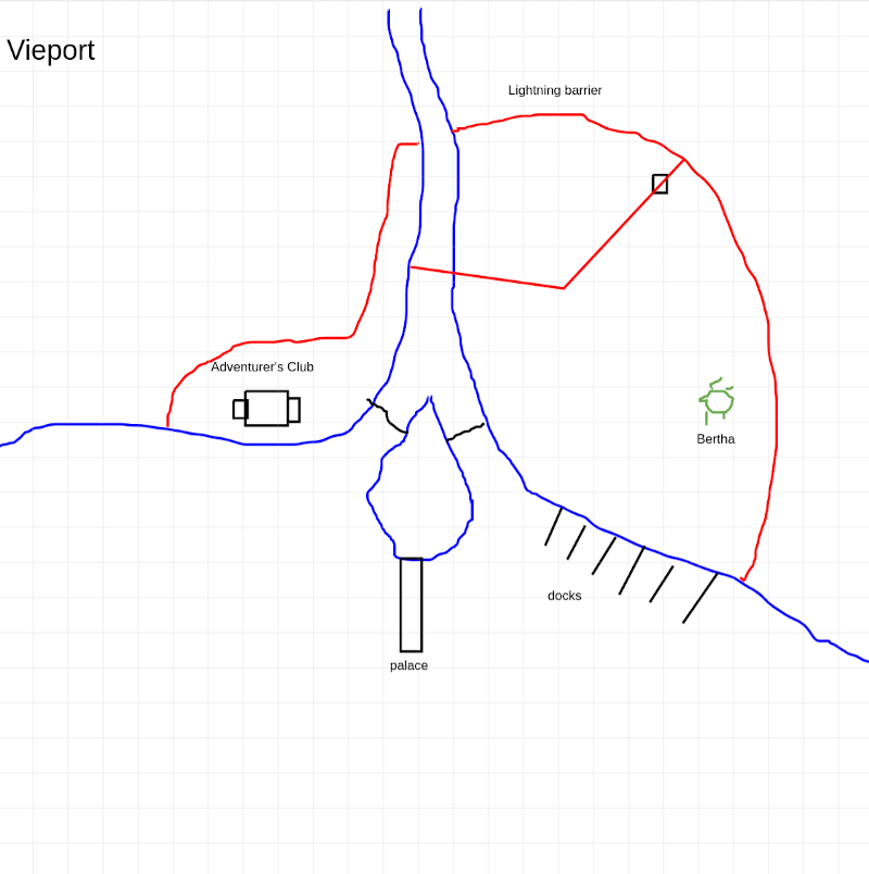 A map of Vieport, showing the lightning barrier, palace, Adventurer's Club, and Bertha.