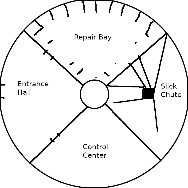 A map of Thaumatown robotics facility, level 1. Four rooms around a central elevator. North: repair bay. West: entrance hall. South: control center. East slick chute going down.