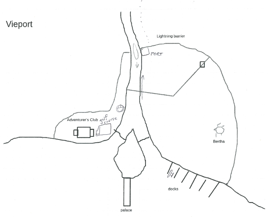 A map of the city of Vieport. A golf course next to the Adventurers' Club. An intersection where the Fellowship gets in a fight. A fortress at the north edge fo the city where the river enters from the Deathlands. A yacht at the docks on the east side of the city.