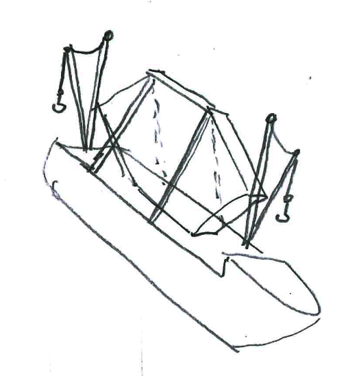 A pencil drawing of a ship carrying a huge hexagonal mirror. The ship has a crane at the front and the back. The mirror is carried vertically and held by straps.