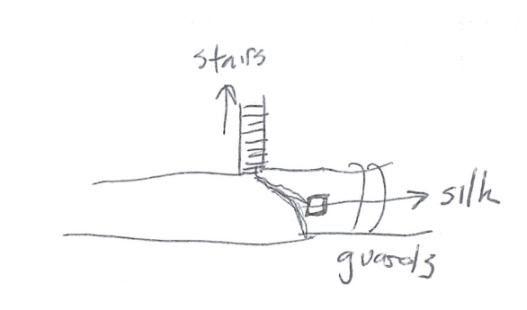 A amp of the alley where the Fellowship fights the Peacekeeper. Fellowship comes from the west. Peacekeeper and guards come from east. Buckle turns north and does down stairs. Fire blocks path between Stella and alley.