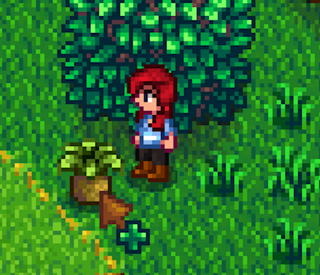  screenshot of Stardew Valley. A woman finds a Wild Horseradish frowing in the wild.