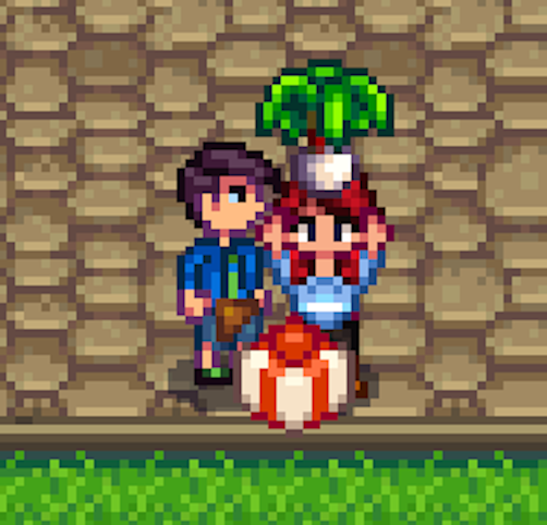  screenshot of Stardew Valley. A woman offers Shane a Leek as a gift.