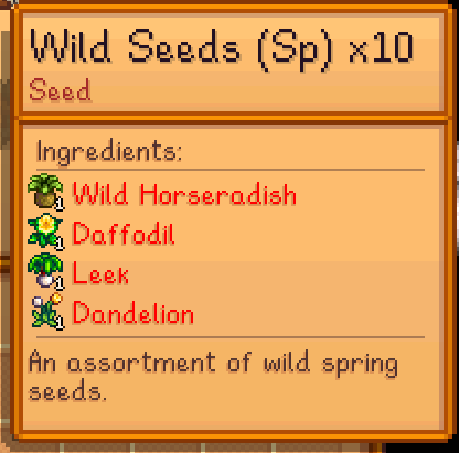 A screenshot of Stardew Valley. The recipe for Wild Seeds (Spring) requires one of each type of Spring forage.