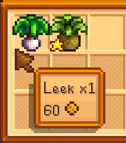  screenshot of Stardew Valley. A Leek can be sold for 60 gold.