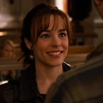 Rachel McAdams in The Time Traveller's Wife. A pretty young white woman with brown hair pulled back in a ponytail, smiling at someone.