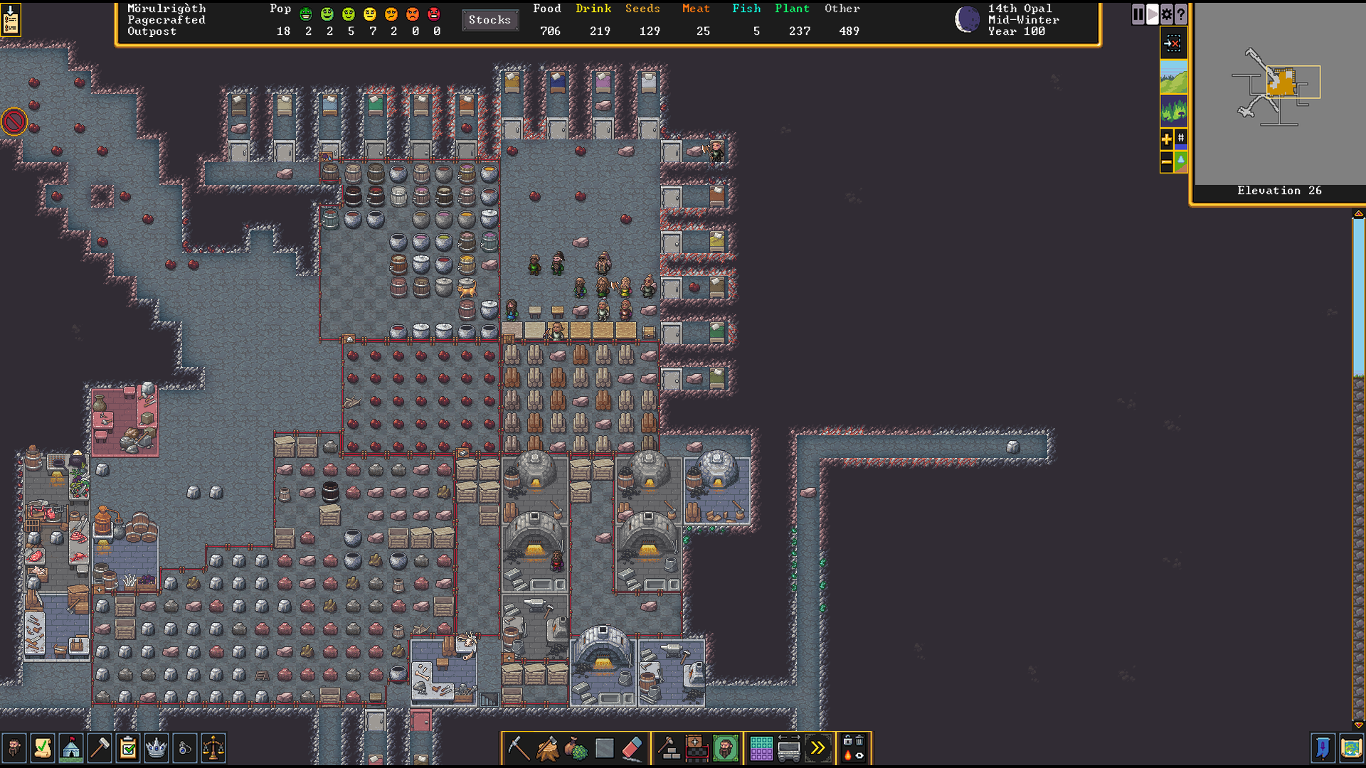 A screenshot of Dwarf Fortress, showing a tiny fort on one level. On the left, some food production workshops. Along the top, tiny bedrooms, a meeting area, and food stockpiles. The center of the room is the metal industry. 3 Wood Burners, 3 Smelters, and 2 Metalsmith's Forges, all surrounded by stockpiles of ore, fuel, bars, and armor.  The population of 18 Dwarves has only 2 less happy than neutral. Stocks include 706 food and 219 drink.