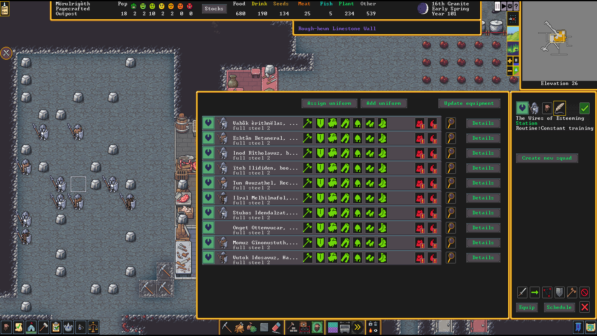 A screenshot of Dwarf Fortress. On the left, 10 Dwarves wearing steel armor and holding steel spears. On the right, the Squad Equipment panel shows all green: the soldiers are wearing the proper weapon, shield, bodywear, legwear, headwear, handwear, and footwear. The date is 16th Granite, Early Spring, Year 101