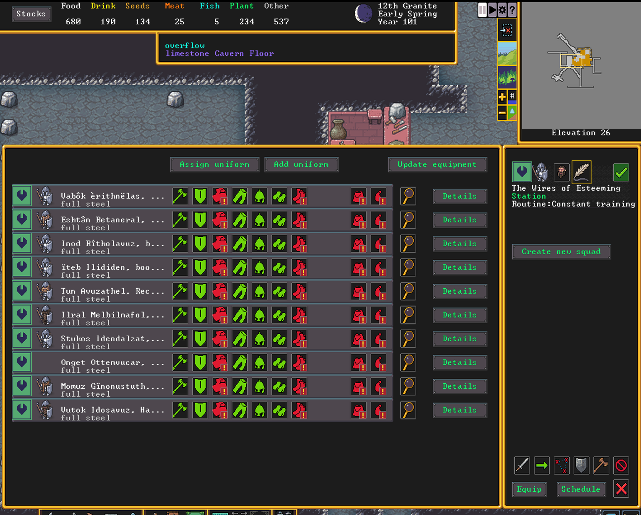 A cropped screenshot of Dwarf Fortress. The Squad Equipment screen shows that all 10 soldiers have the proper weapon, shield, legwear, headwear, and handwear, but that bodywear and footwear are unavailable. The date is 12th Granite, Early Spring, Year 101
