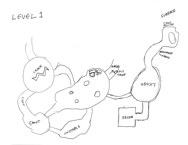 A top view of Petra's base, level 1. The cave mouth leads to a chamber with lichen. From there, a large tunnel leads to a room full of notes, and a narrow tunnel leads to a large chamber. That chamber connects to a room with a ghost, and a room that's unstable. A ramp down leads away from the large room. The room iwth the ghost also connects to a room with a crack in the ceiling.