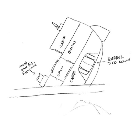 A side elevation of a shipwreck. The stern of the ship rises from an ice floe.  A barrel is lashed to the lower deck. Hatches lead to the top deck, where a mast has broken off and been used for firewood. 