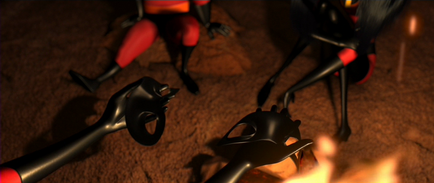 An image from the movie "The Incredibles". Elasti-Girl gives masks to Dash and Violet.