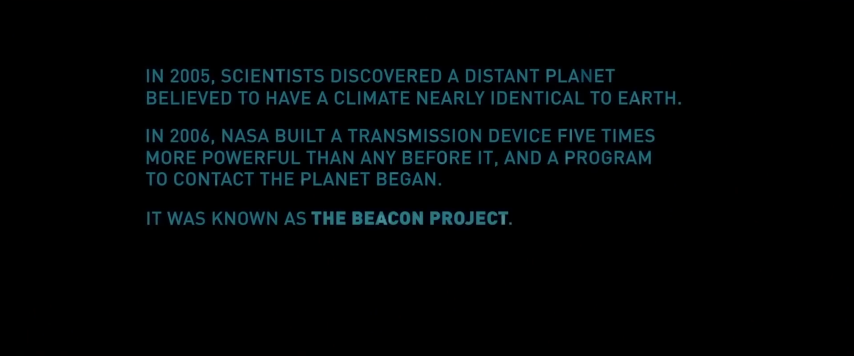An image from the movie "Battleship". Text on a black screen explains "The Beacon Project".