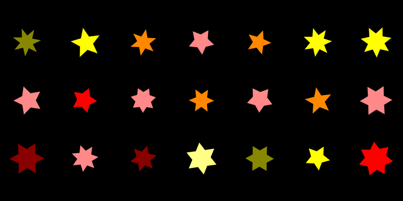 A grid of 21 stars on a black background. The stars are roughly the same size, with 5 to 7 points, and red to yellow coloration.