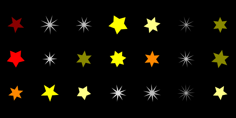 A grid of 21 stars on a black background. Half the stars are grey, very spiky, with many points. The other half look like the stars in Figure 4: red to yellow, 5 to 7 points.