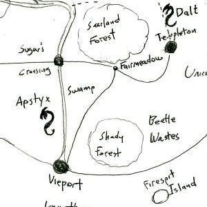 a small section of a hand-drawn map, showing places like Swamp, Beetle Wastes, Sugar's Crossing, Saarland Forest, Templeton, and Firespit Island. Two Dragon icons are labelled Dalt and Apstyx.