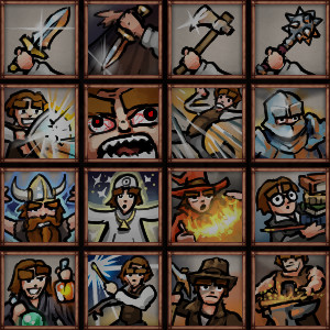 A grid of icons, showing large-eyebrowed people in a variety of magical and dungeoneering activities.
