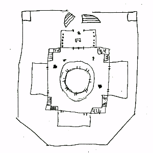 A sketch of a fortified building with its gates knocked in. The building is square with small wings on all four sides and a dome on top.