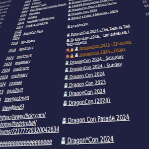 Text flows towards the viewer. Lists of photographer names and links to galleries labelled Dragon Con. Some galleries have padlock or floppy disk icons.