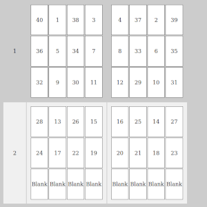 A table of many tiny pages marked with page numbers in non-sequential order.