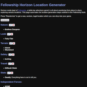 An image of a webpage titled 'Fellowship Horizon Location Generator'. The data below is too small to read.